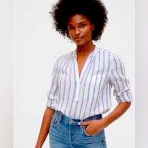 Gap Women’s 100%Linen Blue/Green Stripe Popover Pocket Shirt Size Medium Tall